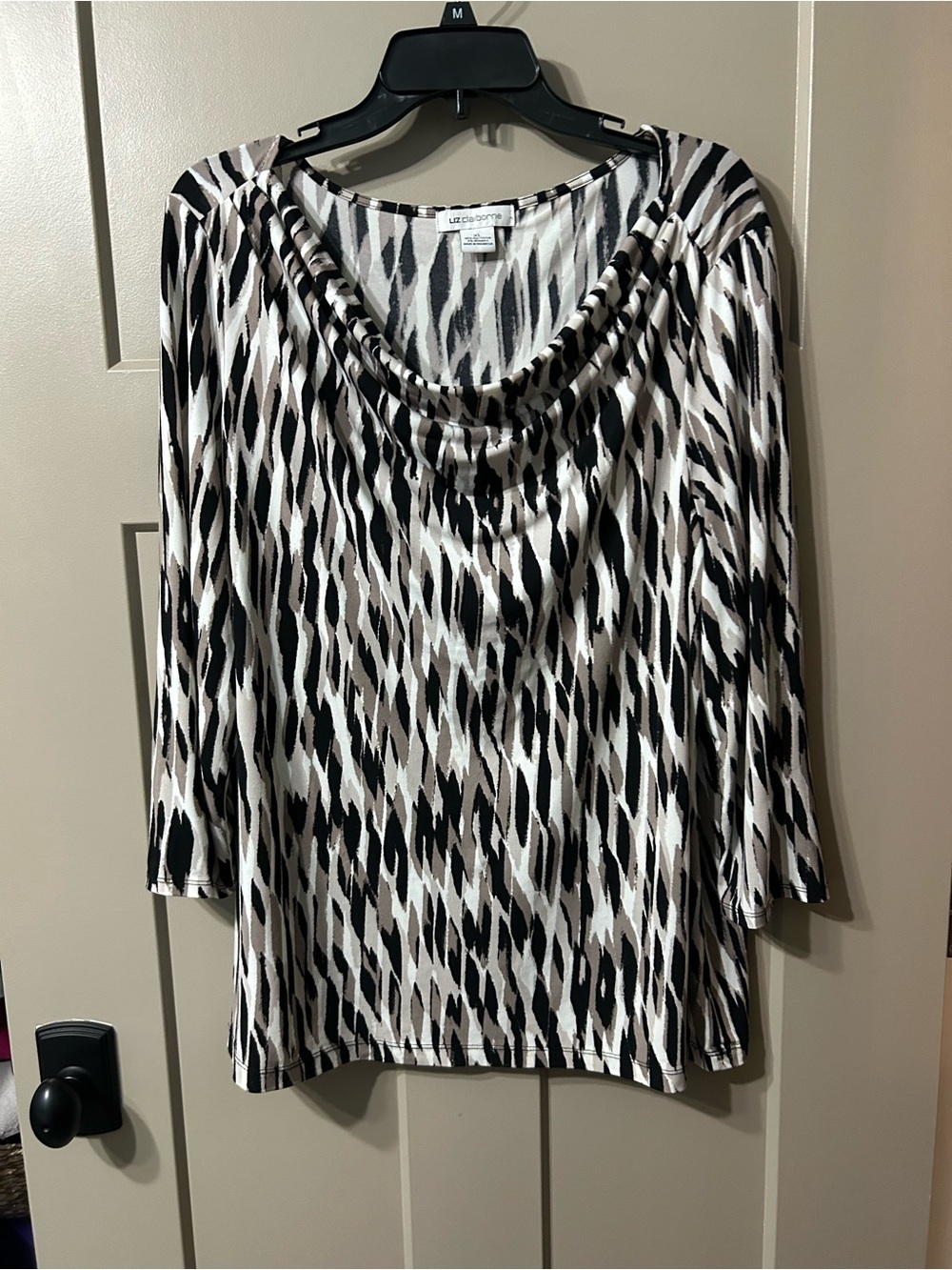 Liz Clairborne Black and Taupe Patterned Cowl-Neck Blouse